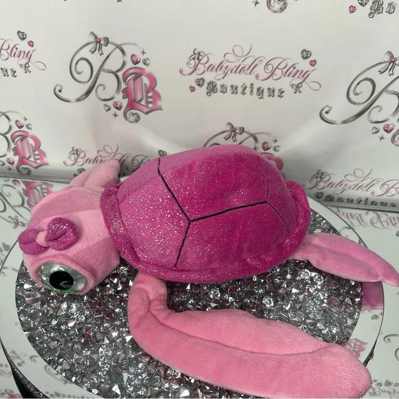 Big eyed pink sea turtle sparkly adorable bow tie on head plush  stuffed toy - Picture 10 of 14